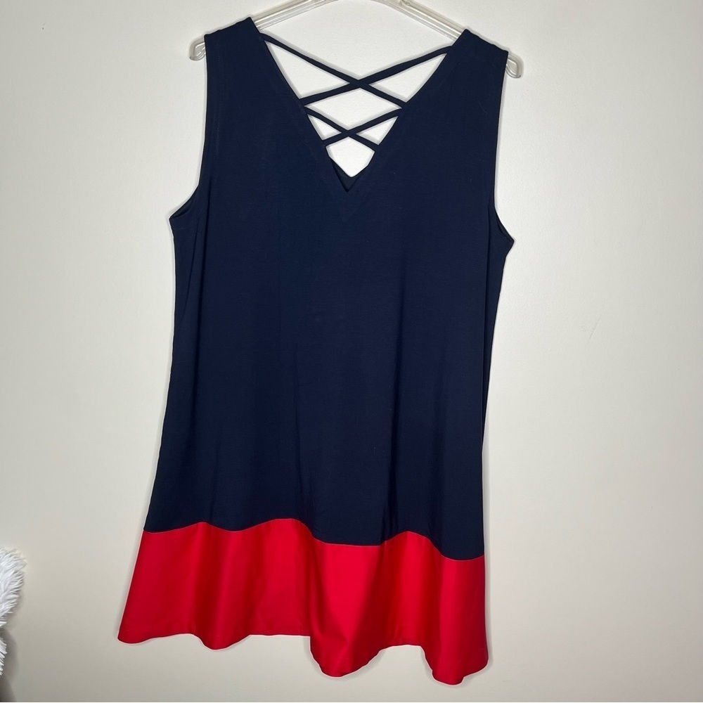 NWT LOFT Plus Shift Navy/Red Sleeveless V Neck Cross Straps Back Dress SZ 20/22 - Picture 12 of 12